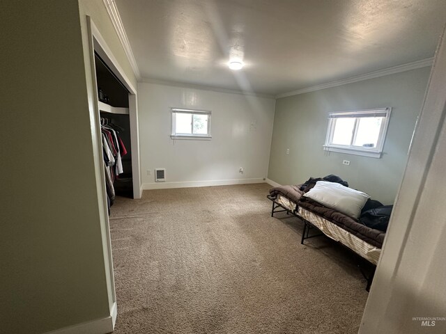 unfurnished room featuring carpet floors and crown molding