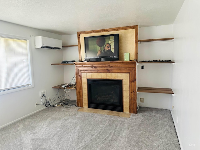 2901 Almo Ave, Burley, ID 83318 - living area featuring an AC wall unit, a tile fireplace, carpet flooring, baseboards, and a textured ceiling
