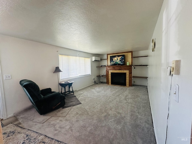 2901 Almo Ave, Burley, ID 83318 - living area featuring carpet floors, a textured ceiling, a wall mounted AC, a fireplace, and baseboards
