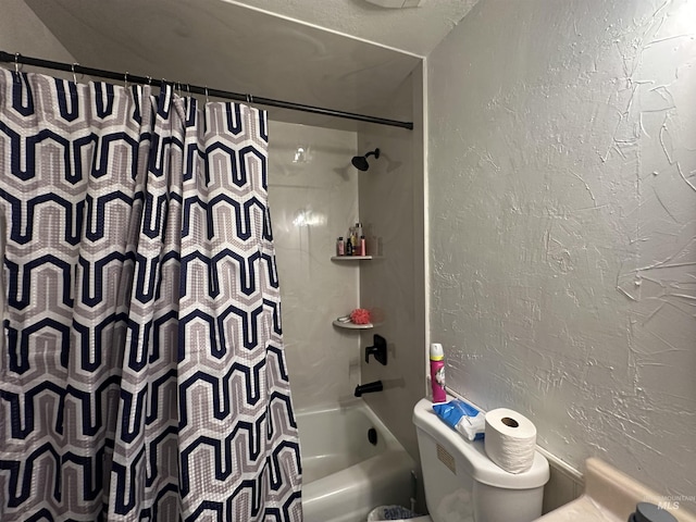 2901 Almo Ave, Burley, ID 83318 - bathroom featuring shower / bathtub combination with curtain, a textured wall, and toilet
