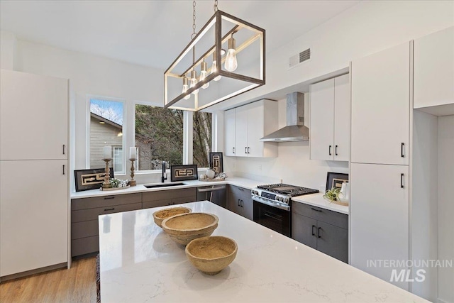 2031 S Makar Ln, Boise, ID 83706 - kitchen with wall chimney range hood, stainless steel gas stove, a sink, dishwashing machine, and white cabinets