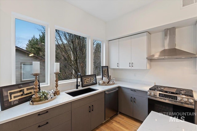2031 S Makar Ln, Boise, ID 83706 - kitchen featuring wall chimney exhaust hood, a sink, appliances with stainless steel finishes, white cabinets, and gray cabinetry