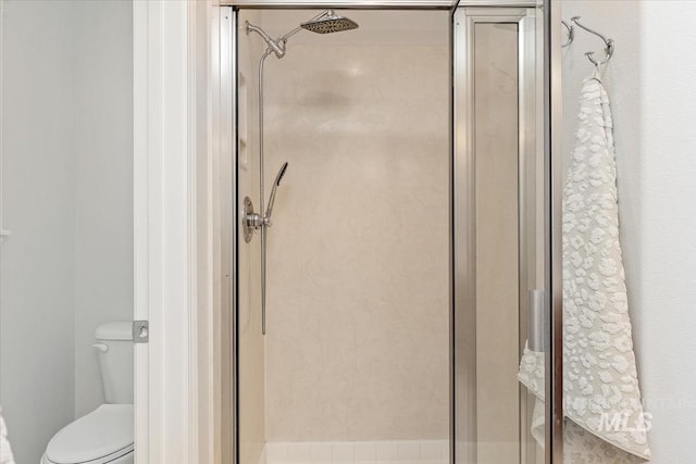 bathroom featuring a stall shower and toilet