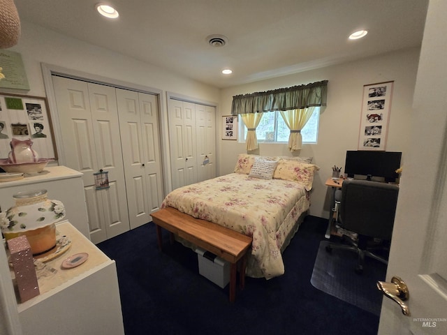 1230 Ellis Ave, Orofino, ID 83544 - bedroom with two closets, recessed lighting, dark carpet, and a desk
