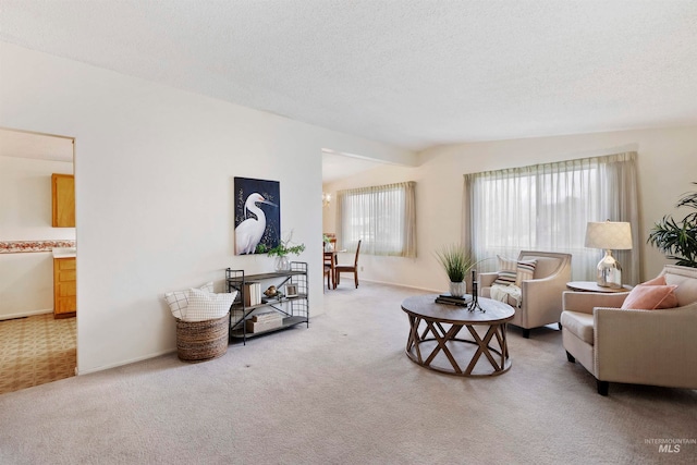 living room with carpet floors, a textured ceiling, and baseboards