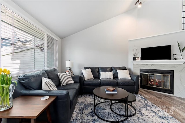 living room with wood finished floors, vaulted ceiling, and a premium fireplace