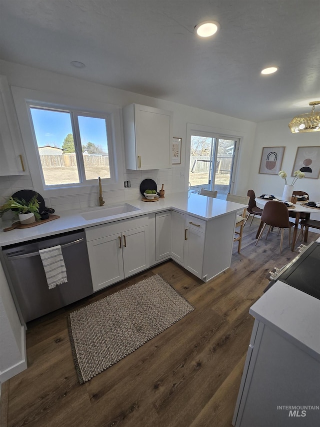 kitchen featuring dark wood-type flooring, sink, white cabinetry, and stainless steel dishwasher