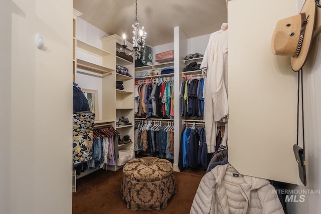 walk in closet with an inviting chandelier and carpet floors