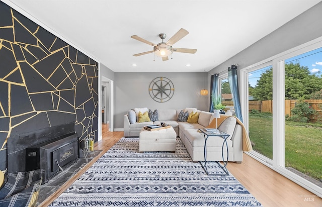 2906 W Kathryn St, Boise, ID 83705 - living area with wood finished floors, a ceiling fan, and recessed lighting