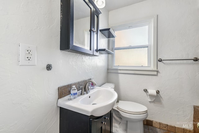 bathroom featuring toilet, a textured wall, and vanity