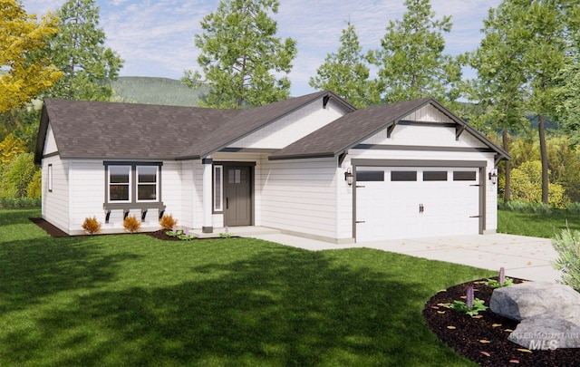 ranch-style house with a garage and a front yard