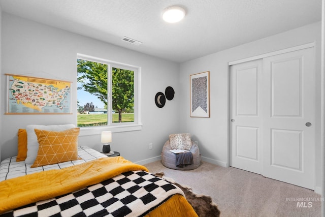 carpeted bedroom with a textured ceiling and a closet