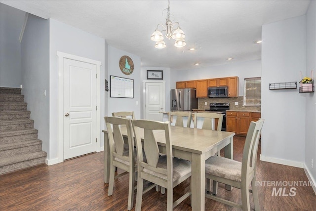 6495 S Mistyglen Ave, Boise, ID 83709 - dining area featuring a chandelier, baseboards, dark wood-style flooring, stairway, and recessed lighting