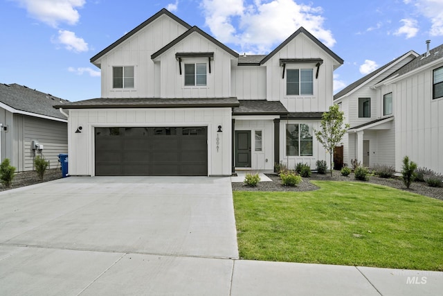 10061 W La Jolla Dr, Boise, ID 83709 - modern farmhouse style home featuring board and batten siding, driveway, a front yard, a garage, and a shingled roof