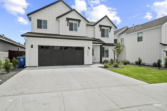 10061 W La Jolla Dr, Boise, ID 83709 - modern farmhouse featuring board and batten siding, concrete driveway, a garage, and a front lawn