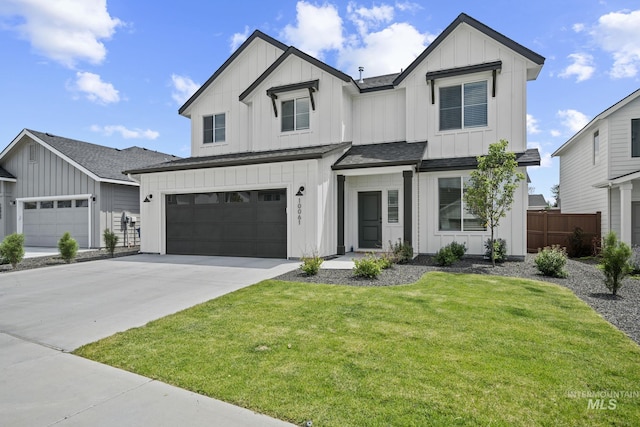 10061 W La Jolla Dr, Boise, ID 83709 - modern farmhouse with board and batten siding, concrete driveway, an attached garage, and a shingled roof