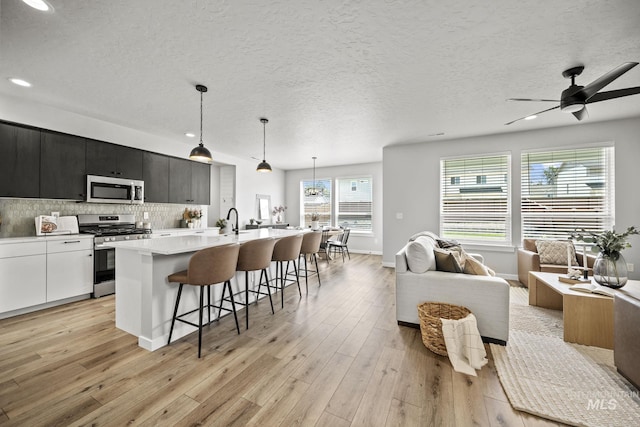 10061 W La Jolla Dr, Boise, ID 83709 - kitchen featuring appliances with stainless steel finishes, open floor plan, a breakfast bar area, light wood-style floors, and recessed lighting