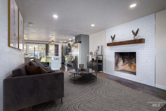 living room featuring a large fireplace, dark hardwood / wood-style flooring, and sink