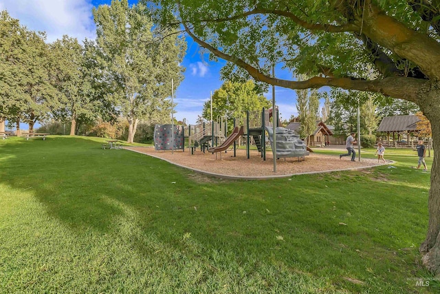 community jungle gym with a yard