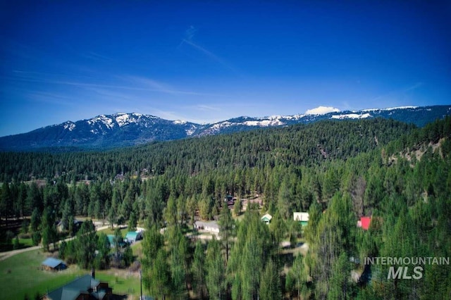 bird's eye view with a mountain view and a wooded view