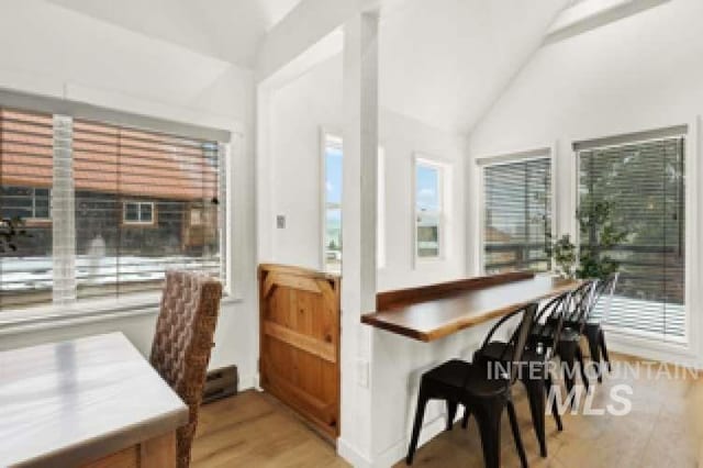 interior space with vaulted ceiling, plenty of natural light, and light wood-type flooring