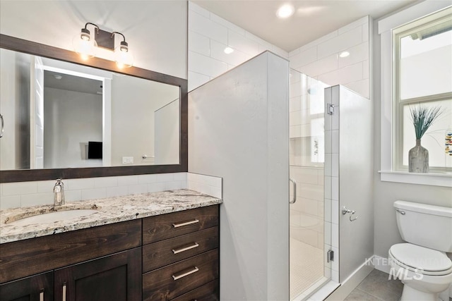 2165 N Luge Ave, Eagle, ID 83616 - full bathroom with vanity, toilet, a shower stall, tile patterned floors, and baseboards