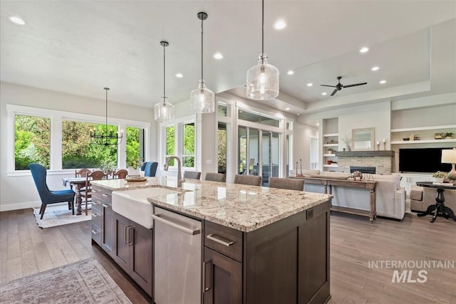 2165 N Luge Ave, Eagle, ID 83616 - kitchen featuring a sink, dishwasher, ceiling fan, dark brown cabinets, and dark wood-style floors