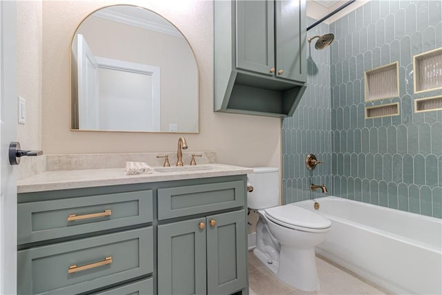 full bathroom with tile patterned floors, toilet, tub / shower combination, ornamental molding, and vanity