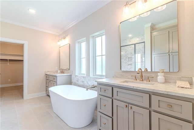 bathroom featuring tile patterned flooring, crown molding, vanity, and plus walk in shower