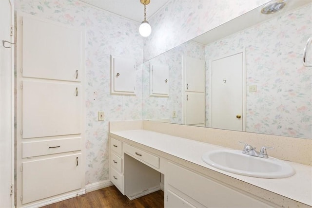 bathroom with hardwood / wood-style floors and vanity