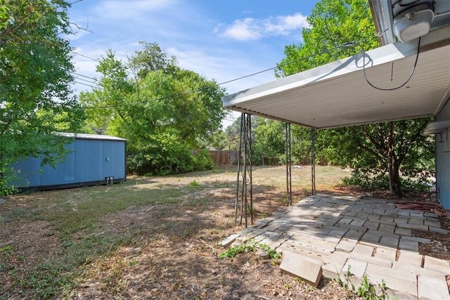 view of yard with a storage unit and a patio