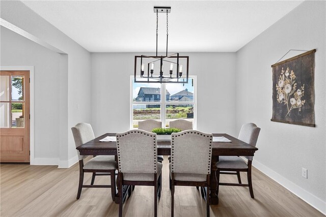 dining room featuring a chandelier, a healthy amount of sunlight, and light hardwood / wood-style flooring