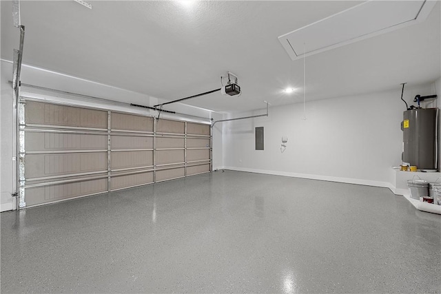 garage featuring electric panel, electric water heater, and a garage door opener