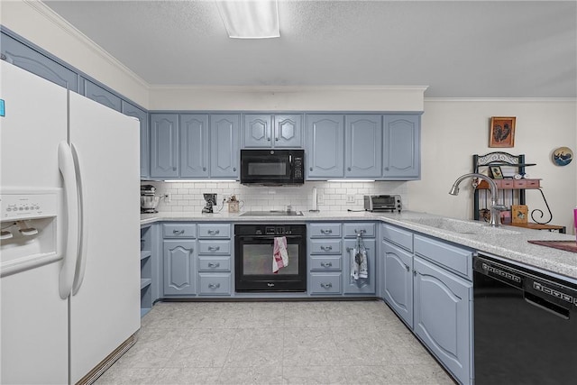 kitchen with decorative backsplash, crown molding, sink, and black appliances