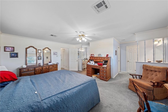 bedroom with light colored carpet, ceiling fan, and crown molding