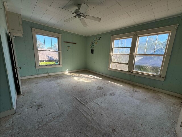 carpeted empty room with a wealth of natural light and ceiling fan