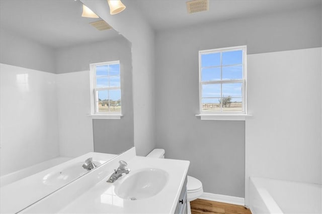 bathroom with vanity, plenty of natural light, toilet, and a washtub