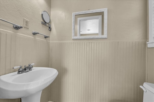 bathroom with wood walls, toilet, and sink