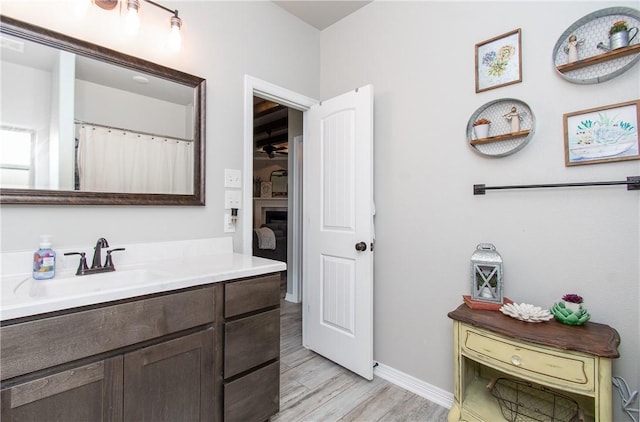 bathroom with hardwood / wood-style flooring and vanity