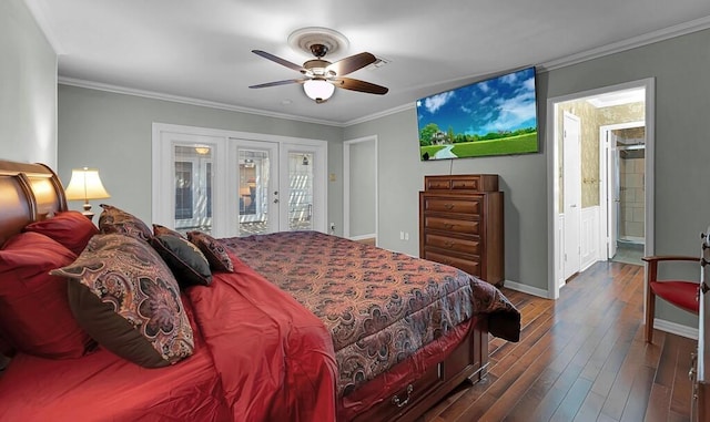 bedroom featuring access to exterior, crown molding, baseboards, french doors, and dark wood-style flooring