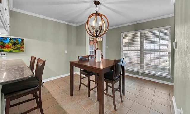 dining room with light tile patterned flooring, a chandelier, and crown molding