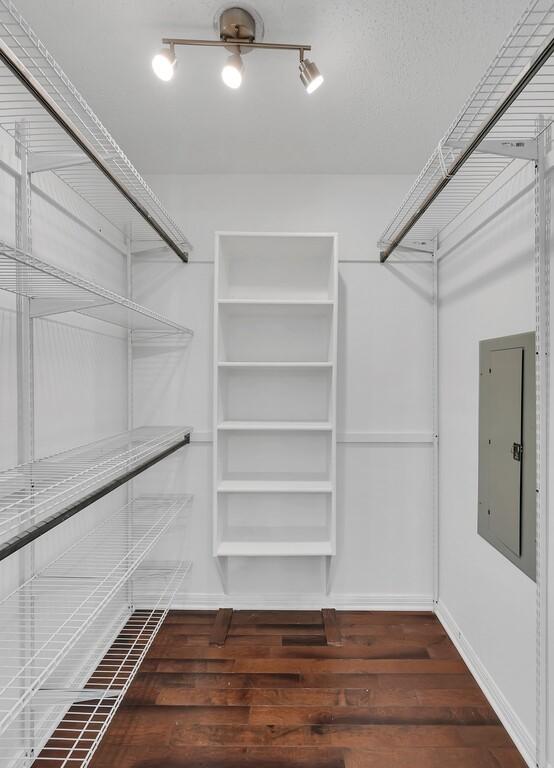 walk in closet featuring electric panel and wood finished floors