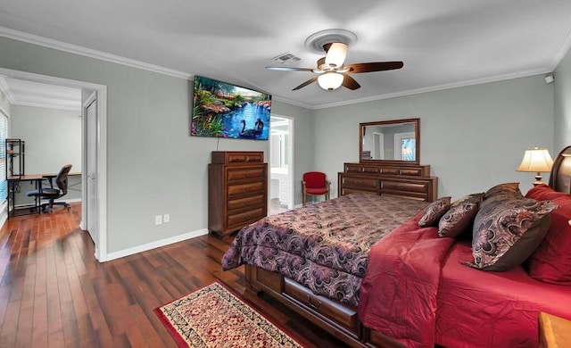 bedroom with visible vents, ornamental molding, wood finished floors, baseboards, and ceiling fan