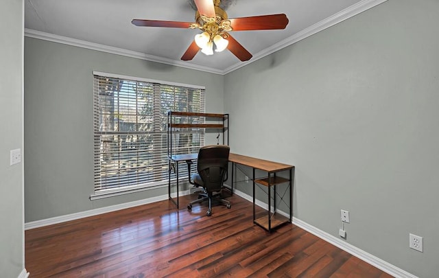 office space featuring a ceiling fan, crown molding, wood finished floors, and baseboards