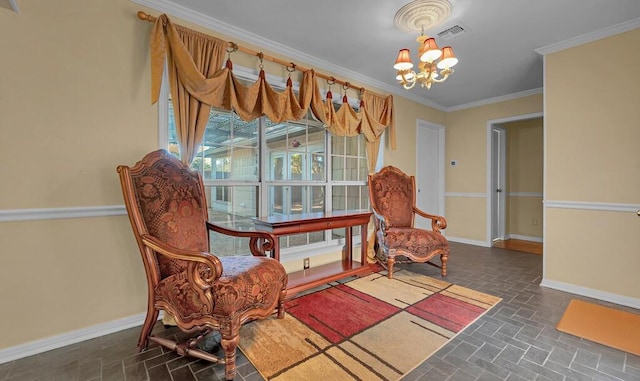 living area featuring visible vents, an inviting chandelier, crown molding, brick floor, and baseboards