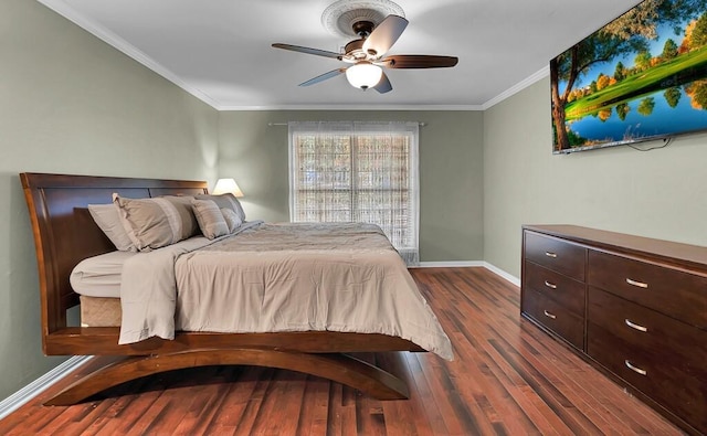 bedroom with ceiling fan, baseboards, ornamental molding, and dark wood-style flooring