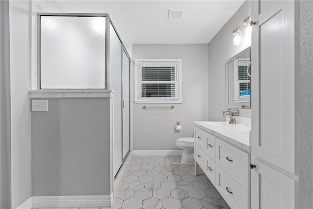 full bath featuring visible vents, baseboards, toilet, tile patterned flooring, and vanity