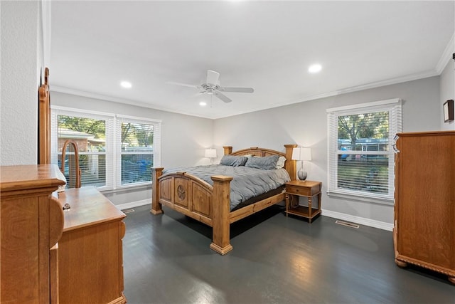 bedroom with ornamental molding, recessed lighting, ceiling fan, and baseboards