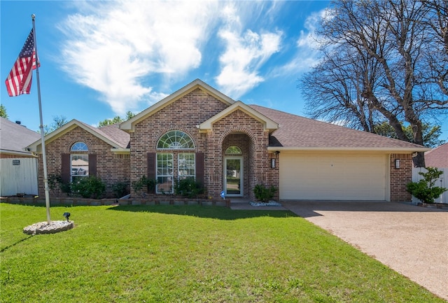 ranch-style home featuring a garage and a front yard