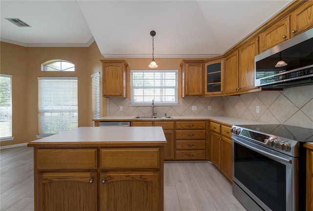 kitchen with light wood-type flooring, appliances with stainless steel finishes, a center island, and sink